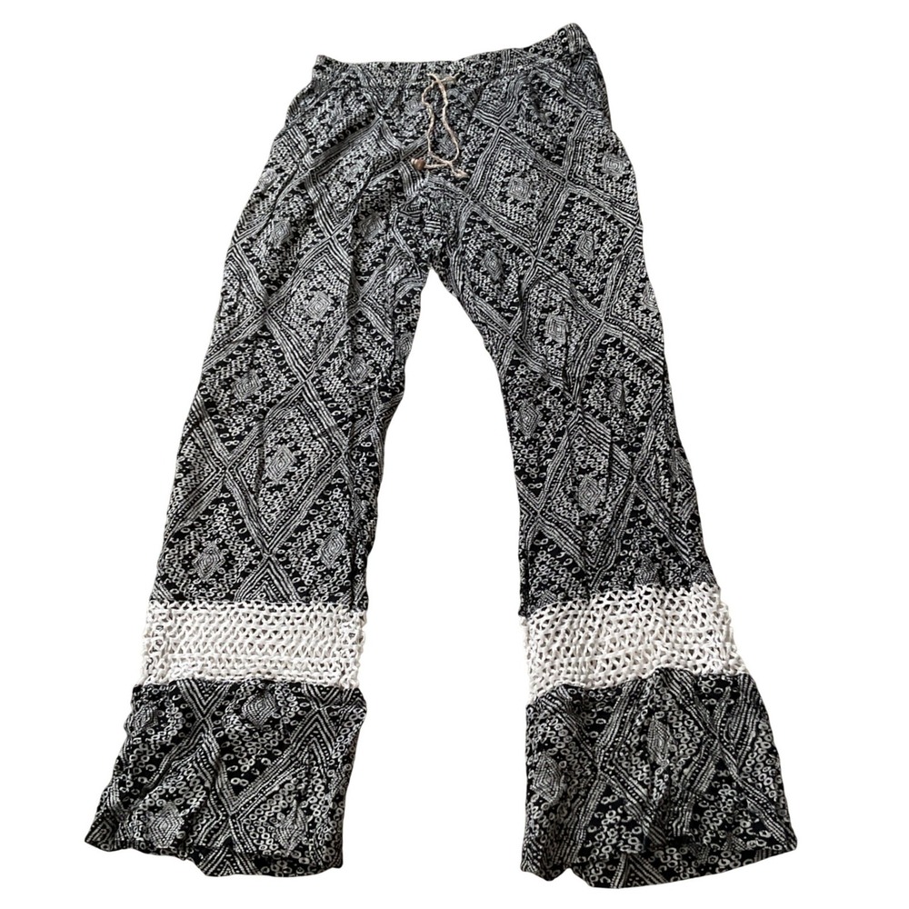 Hippie Laundry Black White Geometric Boho Flare Pants Crochet Lace‎ Small